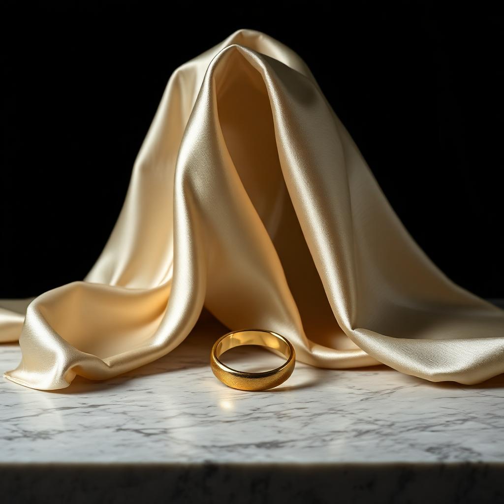 Krea 2 Large sample: silk fabric and a gold ring on marble in dramatic light