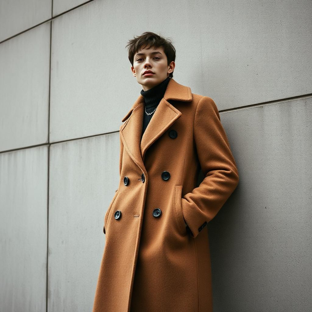 Krea 2 Medium sample: editorial fashion portrait in a wool coat against concrete