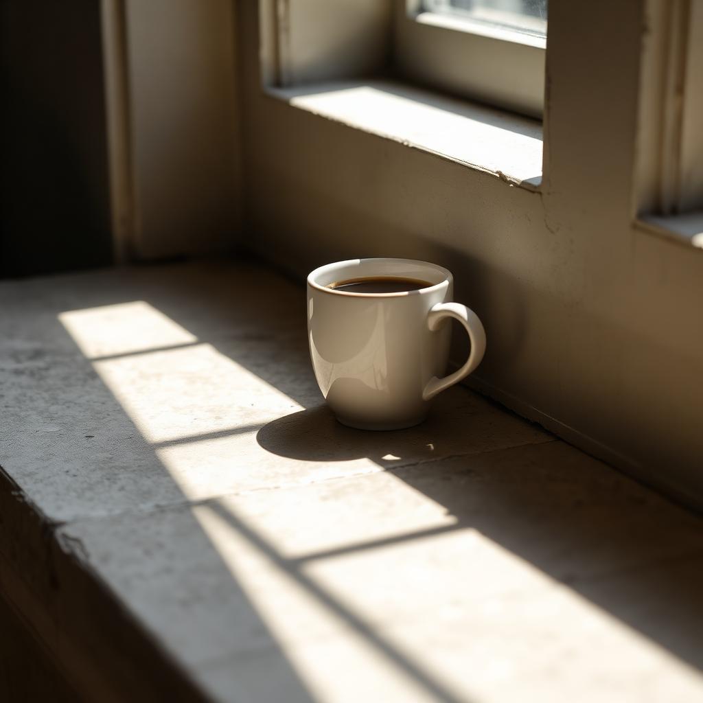 Krea 2 Medium sample: ceramic coffee cup lit by window light on stone