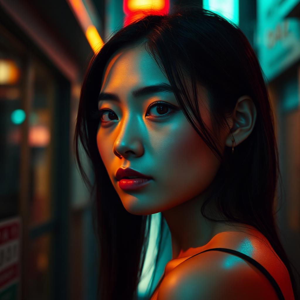 Krea 2 Turbo sample: cinematic portrait of a woman in a neon-lit rainy alley