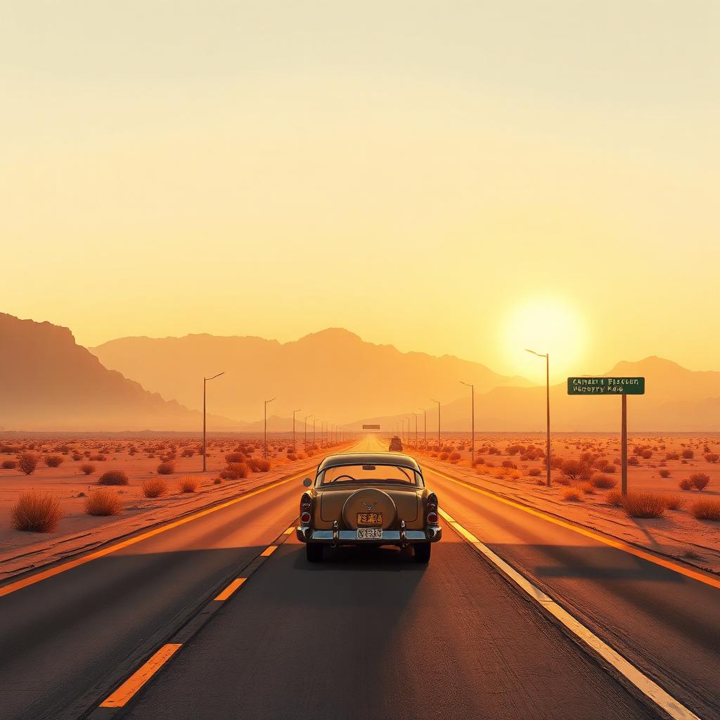 Krea 2 Turbo sample: vintage car on a desert highway at golden hour