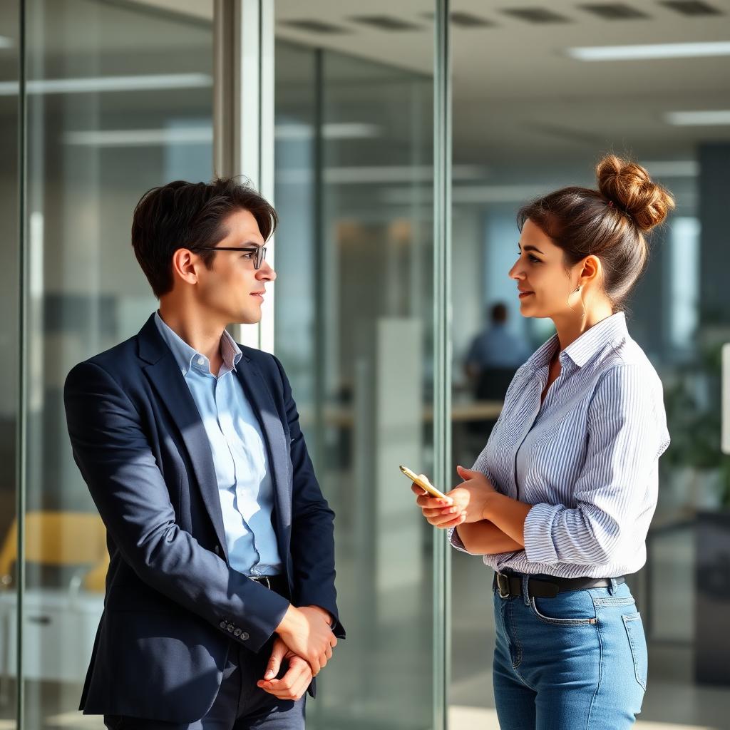 MAI Image 2.5 sample: two colleagues talking in a bright glass office