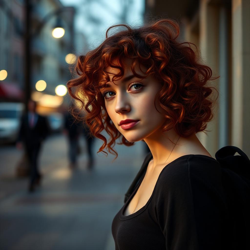 Seedream 5 Pro sample: consistent character portrait of a red-haired woman on an evening street